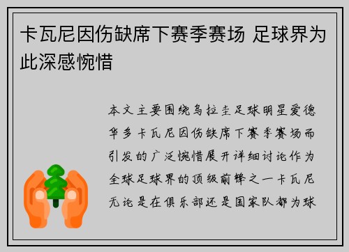 卡瓦尼因伤缺席下赛季赛场 足球界为此深感惋惜