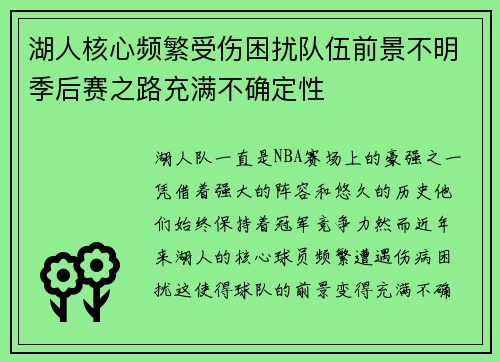 湖人核心频繁受伤困扰队伍前景不明季后赛之路充满不确定性